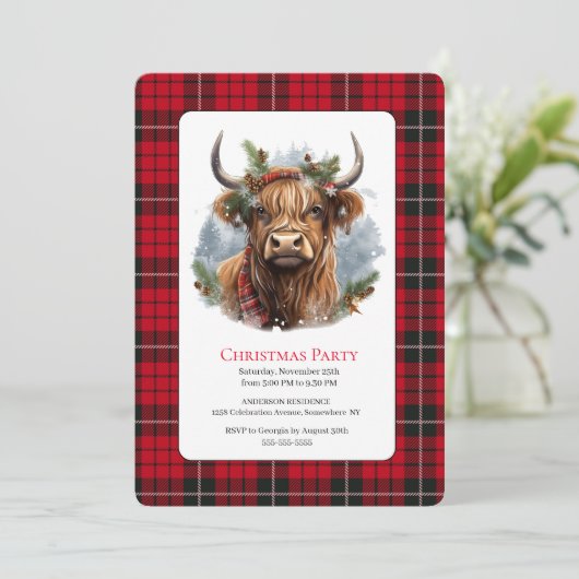 Rode geruite kerst Highlander Koe Kaart (Staand voorkant)