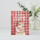 Rode geruite kerst varken feestdagenkaart (Staand voorkant)
