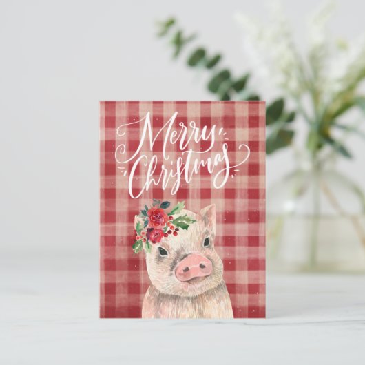 Rode geruite kerst varken feestdagenkaart (Staand voorkant)