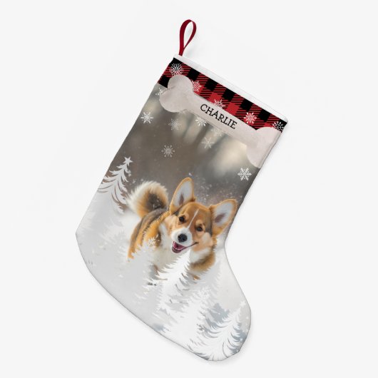 Rode geruite kerstpijnbomen hondenbot dierenfoto kleine kerstsok (Voorkant (Hangend))