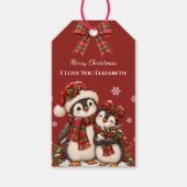 Rode geruite pinguïn Ik hou van jou Aangepaste naa Cadeaulabel (Voorkant)