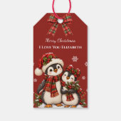 Rode geruite pinguïn Ik hou van jou Aangepaste naa Cadeaulabel (Achterkant)
