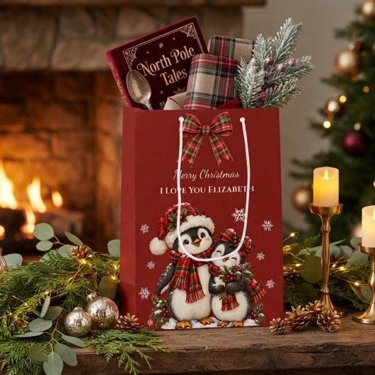 Rode geruite pinguïn Ik hou van jou Aangepaste naa Medium Cadeauzakje