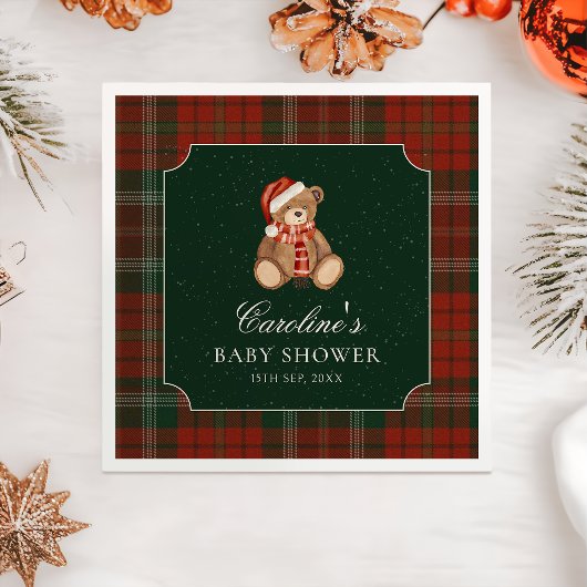 Rode geruite teddybeer Kerst baby shower servetten