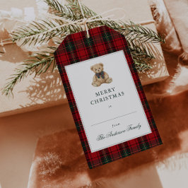 Rode geruite teddybeer Kerstmis Cadeaulabel