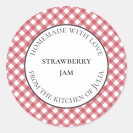 Rode geruite voedsel- en potetiketten voor zelfgem ronde sticker