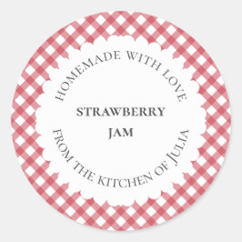 Rode geruite voedsel- en potetiketten voor zelfgem ronde sticker