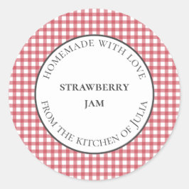 Rode geruite voedsel- en potetiketten voor zelfgem ronde sticker