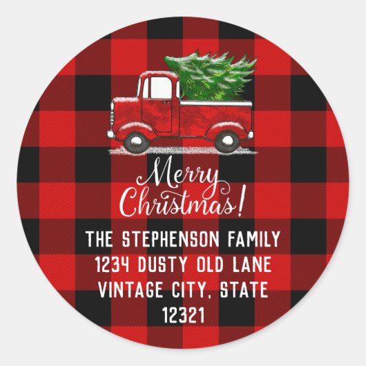 Rode geruite vrachtwagenboom Merry Christmas Addre Ronde Sticker (Voorkant)