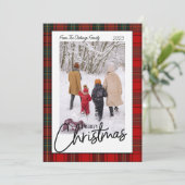 Rode geruite vrolijk kerst foto feestdagenkaart (Staand voorkant)