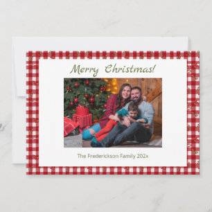 Rode geruite vrolijk kerst foto feestdagenkaart