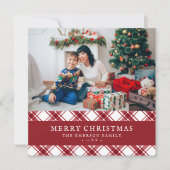 Rode geruite vrolijk kerstfeest platte kerstkaart (Voorkant)