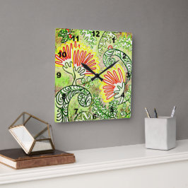 Rode gestileerde kerstboombloemen vierkante klok