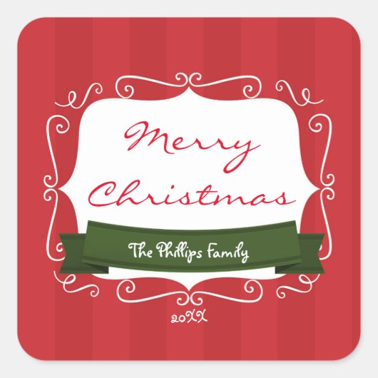 Rode gestreepte & groene whimische kerststicker vierkante sticker (Voorkant)