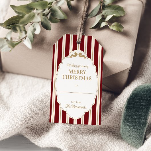 Rode gestreepte kerstcadeaukaartjes cadeaulabel