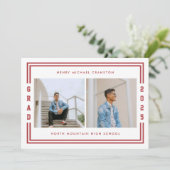 Rode gestreepte twee foto afstudeerfeest aankondiging (Staand voorkant)