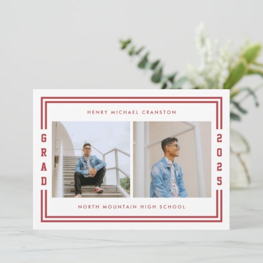 Rode gestreepte twee foto afstudeerfeest aankondiging (Staand voorkant)