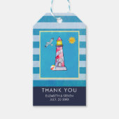 Rode Gestreepte Waterverf Vuurtoren Bruiloft Bedan Cadeaulabel (Voorkant)