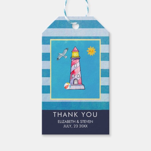 Rode Gestreepte Waterverf Vuurtoren Bruiloft Bedan Cadeaulabel (Voorkant)