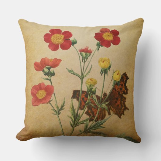 Rode Geum Bloemen & Vlinder Kussen (Voorkant)