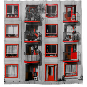 Rode gevel Zuidoost Balkon Bouwfotografie Douchegordijn