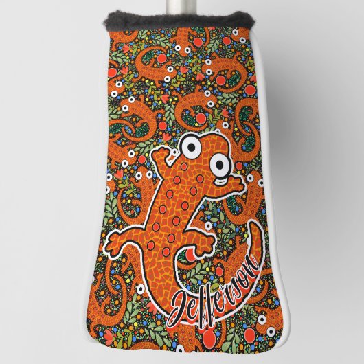 Rode gevlekte salamander op zwarte gepersonaliseer golfheadcover (Draai 90)