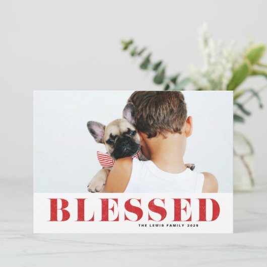 Rode Gezegende Typografie Foto Kerstmis Feestdagenkaart (Staand voorkant)