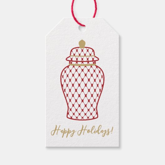 Rode Ginger Jar, Chinoiserie Vakantie Cadeaulabel (Voorkant)