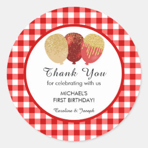 Rode Gingham 1e Verjaardag Glitter Ballonnen Favor Ronde Sticker