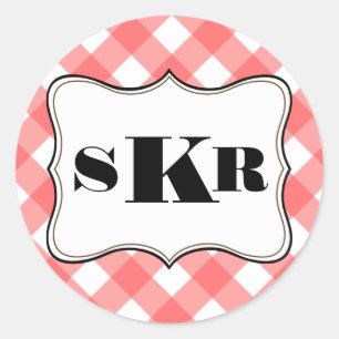Rode gingham 3 monogram letter landstijl ronde sticker