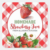 Rode Gingham Aardbei Jam Potlabel Vierkante Sticker (Voorkant)