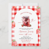 Rode Gingham Aardbei Zomer Jam Bruidsuitnodiging Kaart (Voorkant)