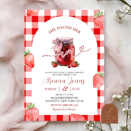 Rode Gingham Aardbei Zomer Jam Bruidsuitnodiging Kaart