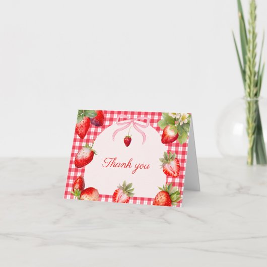 Rode Gingham Aardbeien Baby Shower Bedankkaart (Voorkant)