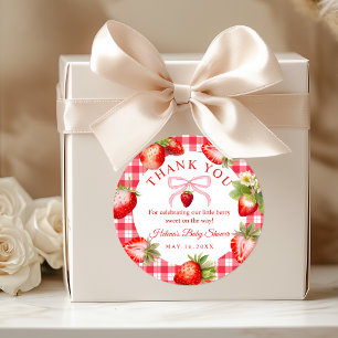 Rode Gingham Aardbeien Baby Shower Bedankt Ronde Sticker