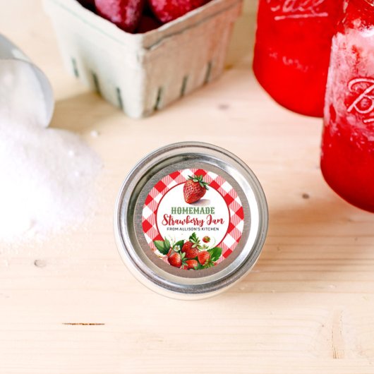 Rode Gingham Aardbeienjam Potlabel Vierkante Sticker