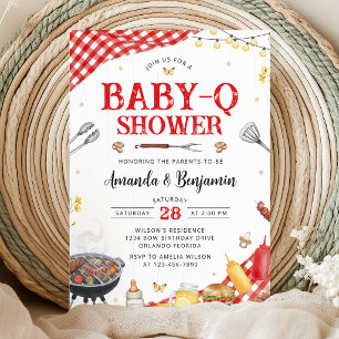 Rode Gingham Baby-Q Shower Uitnodiging