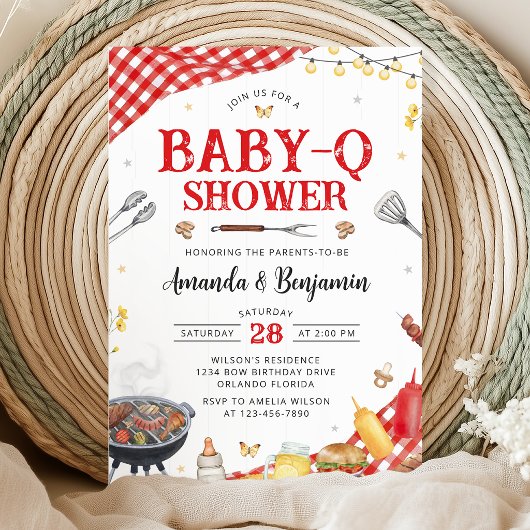 Rode Gingham Baby-Q Shower Uitnodiging