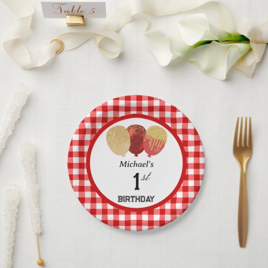 Rode Gingham & Ballonnen 1e Verjaardag Papieren Bordje (Huwelijk)