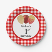 Rode Gingham & Ballonnen 1e Verjaardag Papieren Bordje (Voorkant)