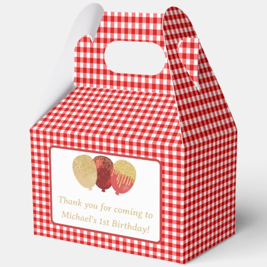 Rode Gingham Ballonnen Aangepaste Foto Verjaardag Bedankdoosjes (Voorkant)