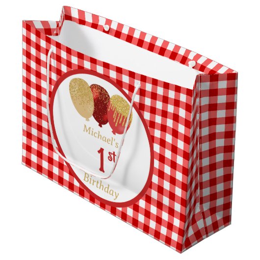 Rode Gingham Ballonnen Aangepaste Multi Foto Verja Groot Cadeauzakje (Voorkant Gekanteld)