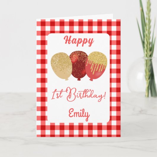 Rode Gingham Ballonnen Kinderen Verjaardagsgroet Kaart (Voorkant)