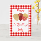 Rode Gingham Ballonnen Kinderen Verjaardagsgroet Kaart (Gele Bloem)