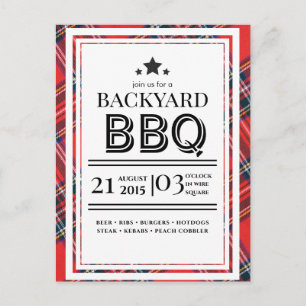 Rode Gingham BBQ-feest uitnodigingsansichtkaart Briefkaart