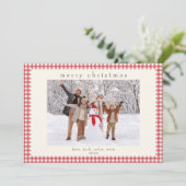 Rode Gingham Bericht Achterkant Kerst 2 Foto Feestdagenkaart (Staand voorkant)
