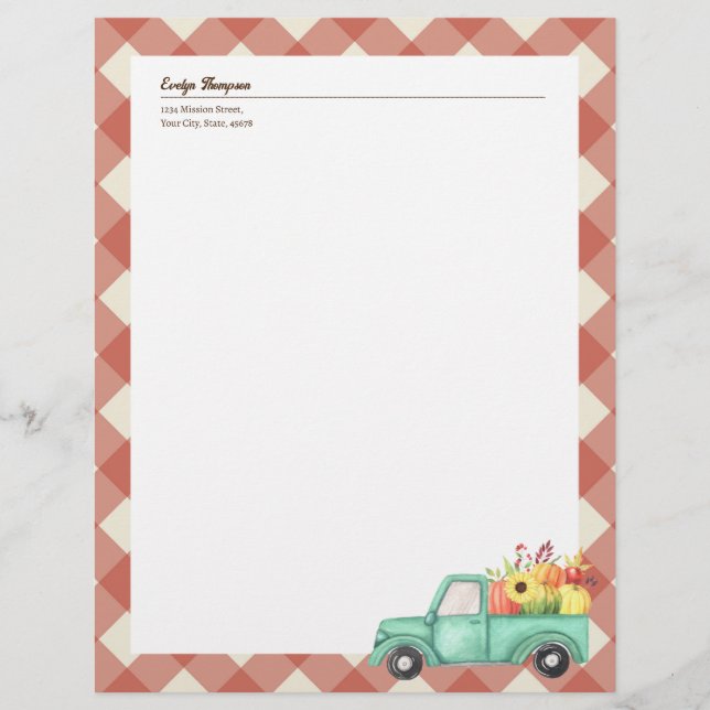 Rode Gingham Blauwe Vrachtwagen Herfst Herfst Land Briefhoofd (Voorkant)