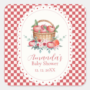 Rode Gingham Bloem Oogst Appel Baby Shower Vierkante Sticker