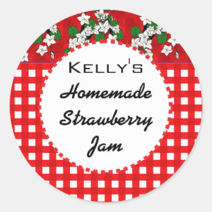 Rode gingham bloemenaardbeienjam label