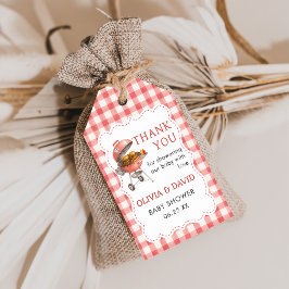 Rode Gingham Burger BBQ Baby Shower Cadeaubijslage Cadeaulabel